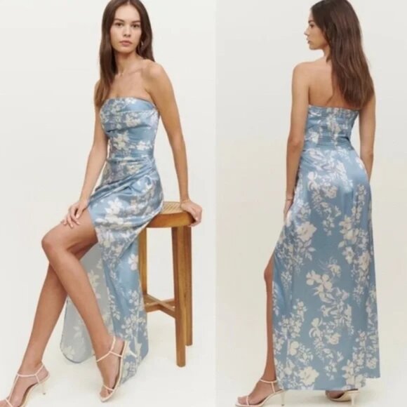 Reformation Barrow Silk Aliso Light Blue & Ivory Floral Strapless Maxi Dress - Picture 2 of 6